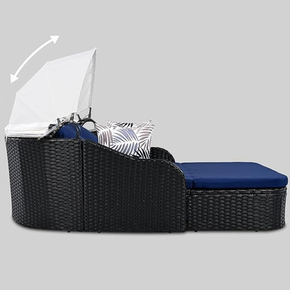 LUMISOL Outdoor Daybed with Retractable Canopy, PE Rattan Sunbed with Cushions, Double Lounge for Patio, Garden, Poolside, Black Wicker and Blue Cushion