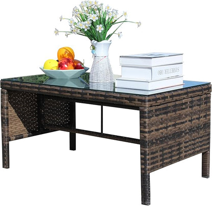 Brown Outdoor PE Wicker Coffee Table - Patio Rattan Side End Table with Glass Top