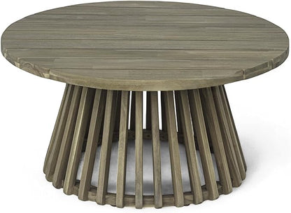 Christopher Knight Home Hakee Acacia Wood Patio Coffee Table, Round Table with Unique Wooden Base for Backyard, Balcony, Stylish Indoor/Outdoor Table, Easy Assembly, 31.5"x 31.5"x 16", Grey