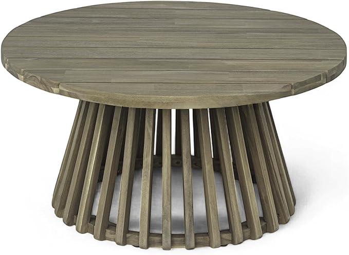 Merax Patio Outdoor Acacia Wood Round Coffee Table for Backyard, Lawn, Balcony, Grey Finish - Photo 3