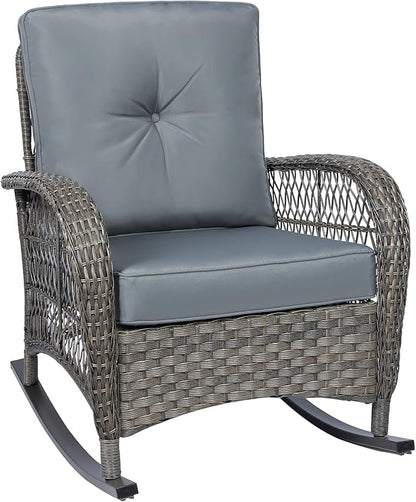 MEETWARM Outdoor Wicker Rocking Chair, Rattan Patio Rocker Chairs with Cushions and High Back, All-Weather Patio Wicker Chair with Safe Rocking Design for Garden Backyard Porch, Gray