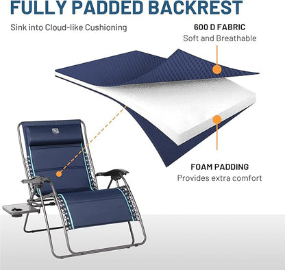 Timber Ridge Oversized Zero Gravity Chair, 33In Wide XXL Zero Gravity Reclining Chair with Side Table, Full Padded Lounge Chair for Outdoor Camping Patio Lawn, Heavy Duty Supports 500lbs, Blue-1 Pack