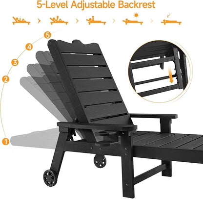 ONBRILL Patio Lounge Chairs with 5-Level Adjustable Backrest, Outdoor Chaise Lounge with CupHolder, All-Weather Lounge Chairs, No Fade, No Break, HDPS Material, 350lbs Capacity, Black