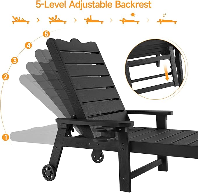 ONBRILL Patio Chaise Lounge Set of 2, Outdoor Lounge Chairs with 5-Level Adjustable Backrest, CupHolder, No Fade - Photo 5