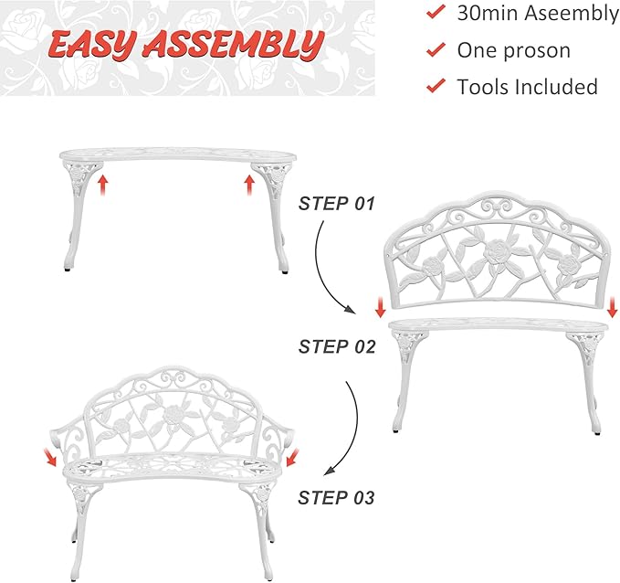 HOMEFUN Outdoor Bench, Patio Garden Benches Metal Loveseat White Cast-Aluminum Outside Furniture for Park Lawn Front - Photo 4