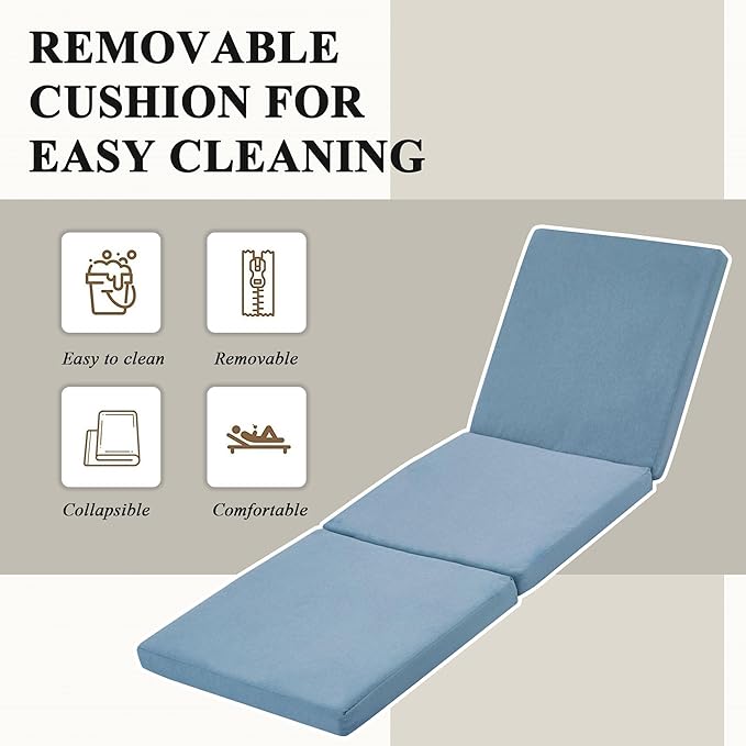 HOMREST Wood Chaise Lounge Recliner, 83x23in Patio Chaise Lounger Recliner with Slide-Out Side Table & Cup Holder, Foam-Padded Cushion, Adjustable Backrest, Wheels(Blue)