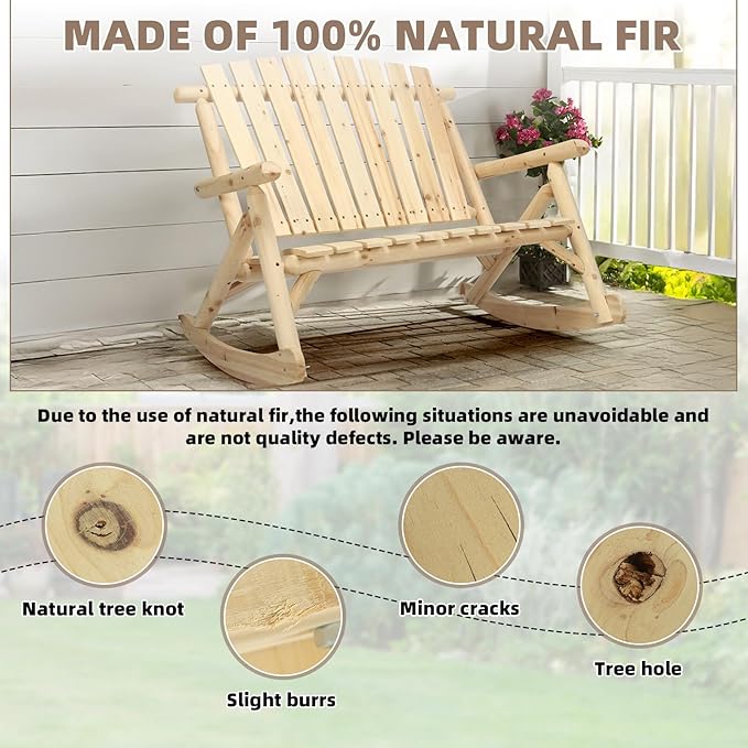 Outdoor Double Wooden Rocking Bench, Adirondack Porch Rocker Chair for 2 Persons, Patio Rustic Log Rocker Loveseat with High Slatted Seat & Backrest for Deck, Backyard, Garden, Natural