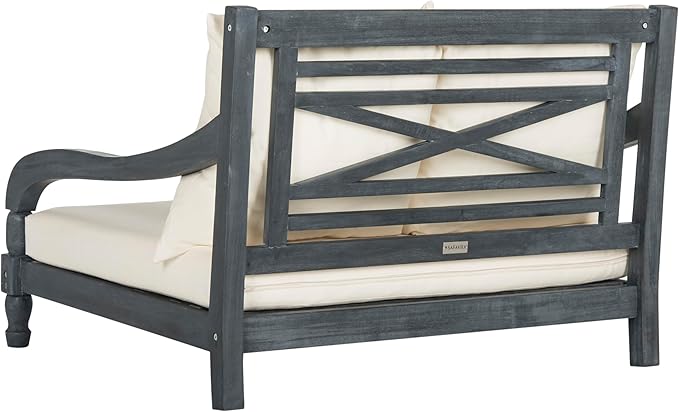 SAFAVIEH Outdoor Collection Pomona Ash Grey Solid Wood/Beige Lounger Bench Sofa Loveseat (PAT6740B) - Photo 5