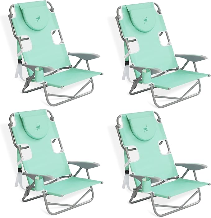 Ostrich Lightweight Portable Outdoor On Your Back Folding Chair for Relaxing with 5 Seat Adjustment Backpack Straps and Cup Holder, Teal (4 Pack)