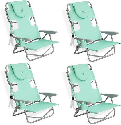 Ostrich Lightweight Portable Outdoor On Your Back Folding Chair for Relaxing with 5 Seat Adjustment Backpack Straps and Cup Holder, Teal (4 Pack)