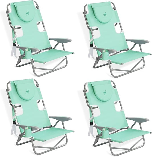Ostrich Lightweight Portable Outdoor On Your Back Folding Chair for Relaxing with 5 Seat Adjustment Backpack Straps and Cup Holder, Teal (4 Pack)