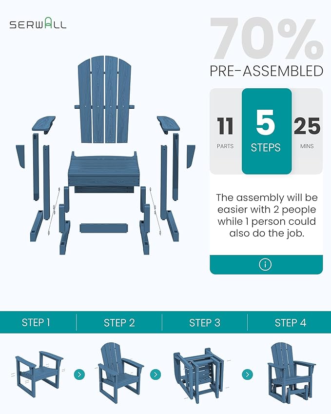 SERWALL Outdoor Glider Chair Set of 4, HDPE Wood-Like Patio Glider Rocker All-Weather Porch Glider for Outside, Blue - Photo 9