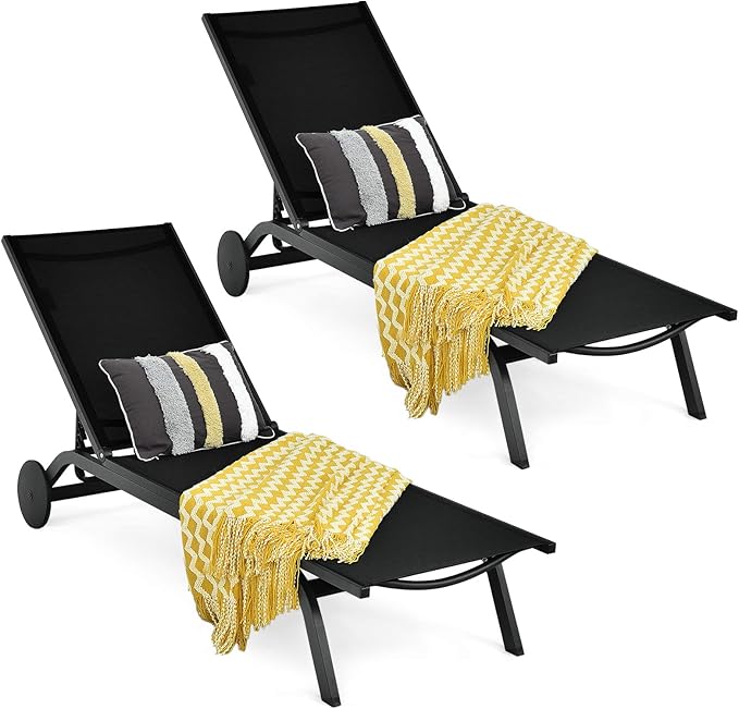 Giantex Lounge Chairs for Outside Patio Chaise Lounges Aluminum Recliner W/Adjustable 6 Backrest Positions and Wheels - Photo 1