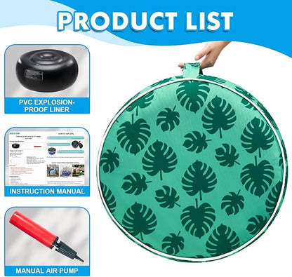 AURASUN Inflatable Patio Ottoman Pouf - Portable Stool with Handle D20” x H10” - Air Pump Included for Outdoor Indoor Use - Comfortable Foot Rest or Seating for Garden Camping or Home (Green)