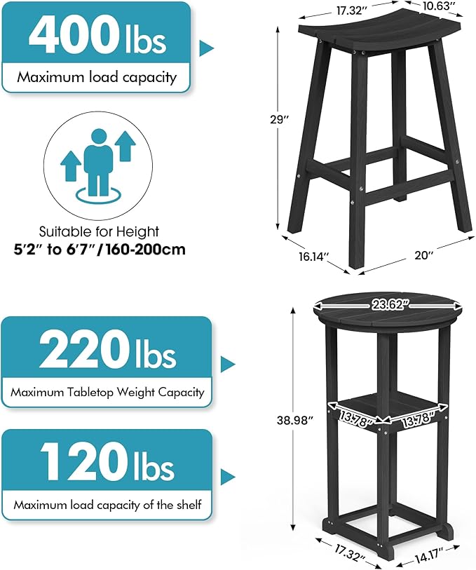 Ciokea 3 Pcs Space-Saving Round Bistro Set, High-Top Outdoor Bar Set with Storage Shelf & 2 Saddle Stools - Photo 2