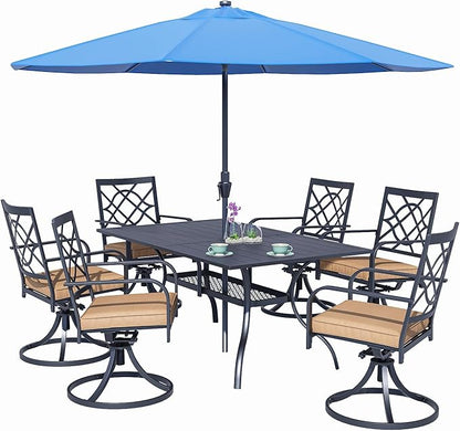 SUNCROWN 7 Pieces Outdoor Dining Set Metal Swivel Cushioned Chairs Patio Furniture Sets with Steel Slat Bistro Table and Sky Blue 9Ft Patio Umbrella for Backyard, Lawn, Garden