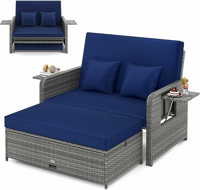 LDAILY Moccha Outdoor Daybed, Wicker Loveseat Sofa Set with 4-Postion Adjustable Backrest, Storage Ottoman, Cushions - Photo 1