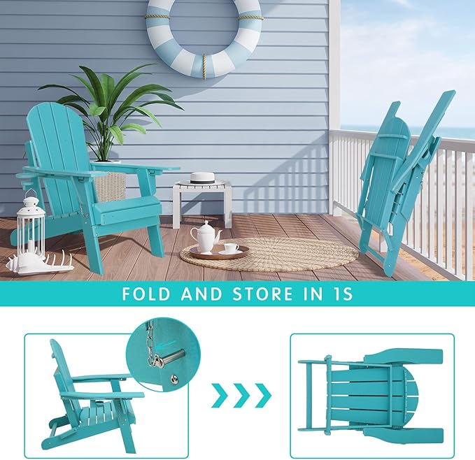 Lepdep Folding Adirondack Chair Modern Adjustable Plastic Outdoor Fire Pit Chair Weather Resistant 3-Positons Patio Chair with Cup Holder for Outdoor Porch Garden Backyard Deck and Pool, Blue…