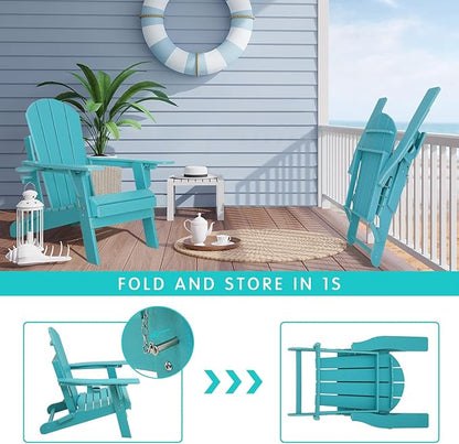 Lepdep Folding Adirondack Chair Modern Adjustable Plastic Outdoor Fire Pit Chair Weather Resistant 3-Positons Patio Chair with Cup Holder for Outdoor Porch Garden Backyard Deck and Pool, Blue…