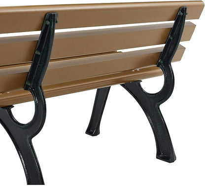 Global Industrial 6'L Outdoor Park Bench with Backrest, Recylced Plastic Slats, Wrought Iron Frame, 1985 lbs Capacity, Tan, Surface Mount, Easy Assembly