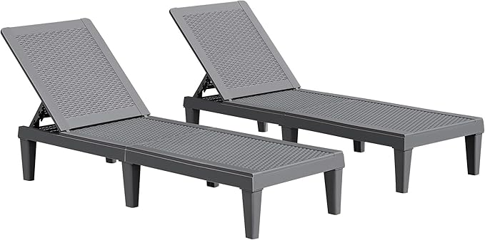 JUMMICO Patio Chaise Lounge Chair Set of 2 Outdoor PE Waterproof Adjustable Easy Assembly Lounge Chairs for Outside Pool Garden Deck Beach (Grey, Set of 2)