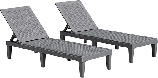 JUMMICO Patio Chaise Lounge Chair Set of 2 Outdoor PE Waterproof Adjustable Easy Assembly Lounge Chairs for Outside Pool Garden Deck Beach (Grey, Set of 2)