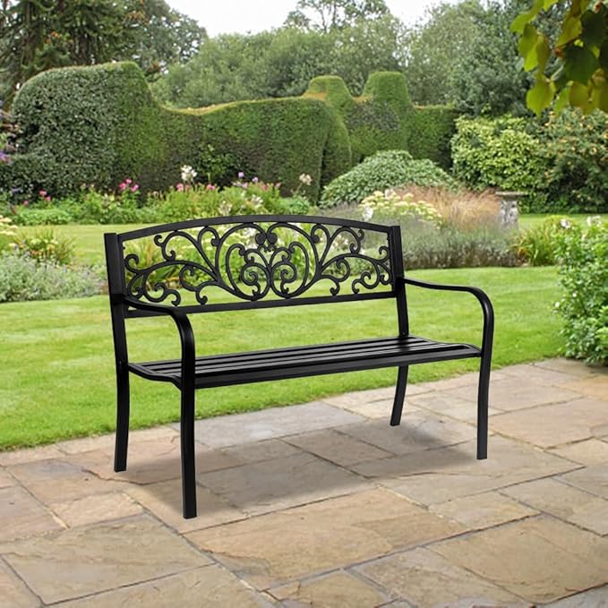50" Outdoor Garden Bench, Cast Iron Metal Frame Patio Park Bench with PVC Butterfly Pattern Backrest,Arch Legs for Park Yard Front Porch Path Yard Lawn Decor Deck Furniture, Black