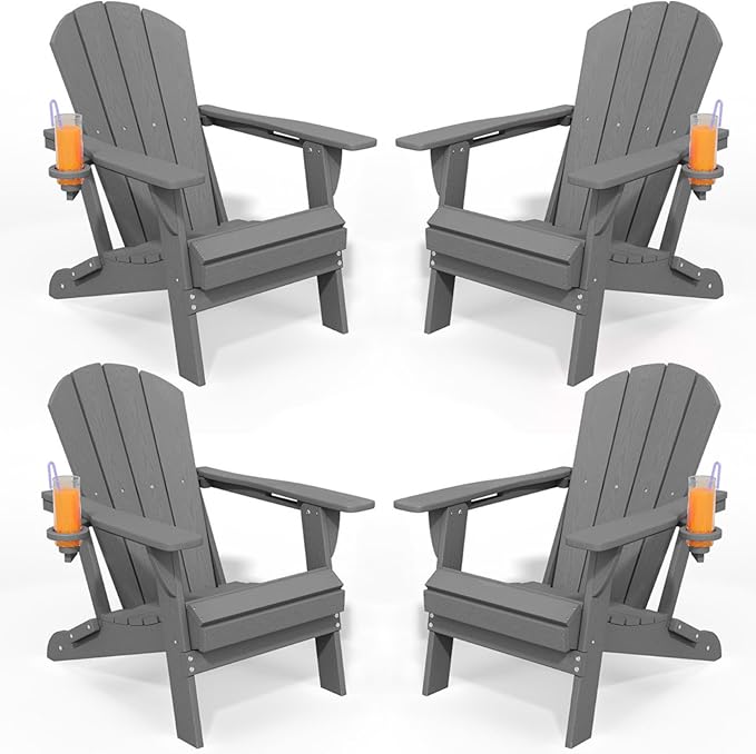 Foldable Adirondack Chair with Cup Holder-Heavy Duty Recycled HDPE Outdoor Patio Furniture, Weather Resistant Deck Lawn Fire Pit Chair (Gray, 4 Chair)