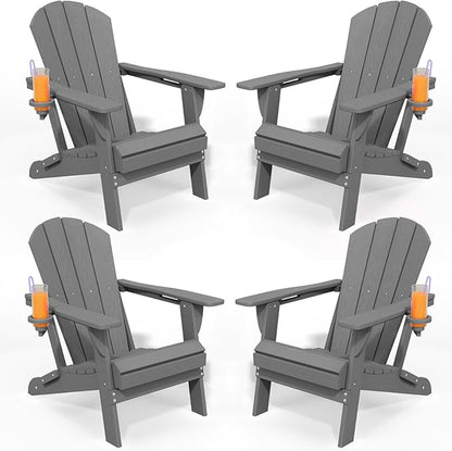 Foldable Adirondack Chair with Cup Holder-Heavy Duty Recycled HDPE Outdoor Patio Furniture, Weather Resistant Deck Lawn Fire Pit Chair (Gray, 4 Chair)