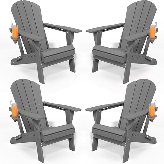 Foldable Adirondack Chair with Cup Holder-Heavy Duty Recycled HDPE Outdoor Patio Furniture, Weather Resistant Deck Lawn Fire Pit Chair (Gray, 4 Chair)