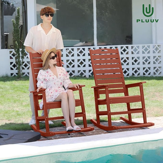 PLUUV Outdoor Rocking Chair Set of 2 with Removable Footboard for Adults, HDPE High Back Patio Rocking Chairs, 330lbs All Weather Porch Rocking Chairs for Outdoor & Indoor -Reddish Brown