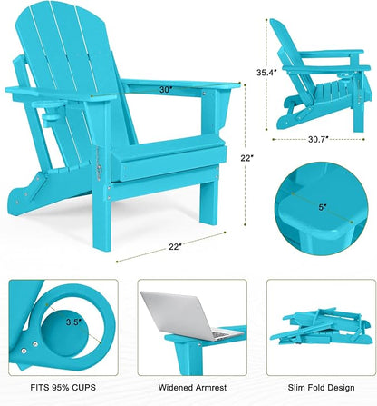 Folding Adirondack Chairs Set of 4- Plastic Adirondack Chairs with Cup Holder, Weather Resistant for Outdoor, Patio, Lawn, Garden, Backyard Deck, Fire Pit - Turquoise