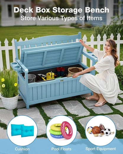 YEFU Outdoor Storage Bench for Patio: Heavy Duty Garden Bench Set of 2 with 96° High Backrest & Oversized Seating - HIPS Weatherproof Patio Bench with Storage for Porch Park Backyard, Blue