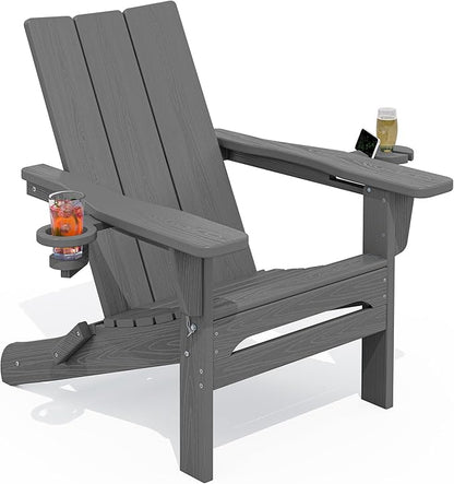 SERWALL Outdoor HDPE Modern Adirondack Chair，Folding Adirondack Chair with Cup Holders, All Weather Resistant Fire Pit Chair, Gray