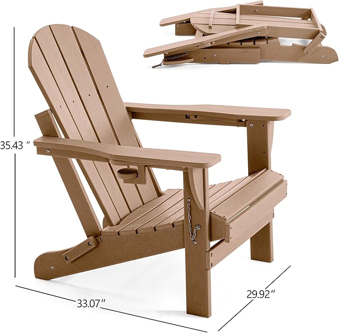 Folding Adirondack Chair, HDPE Outdoor Texture Lawn Chair with Reclining Back, Cup and Phone Holder - Comfortable Firepit Chair Weather Resistant for Patio or Backyard (Brown, Set of 1)