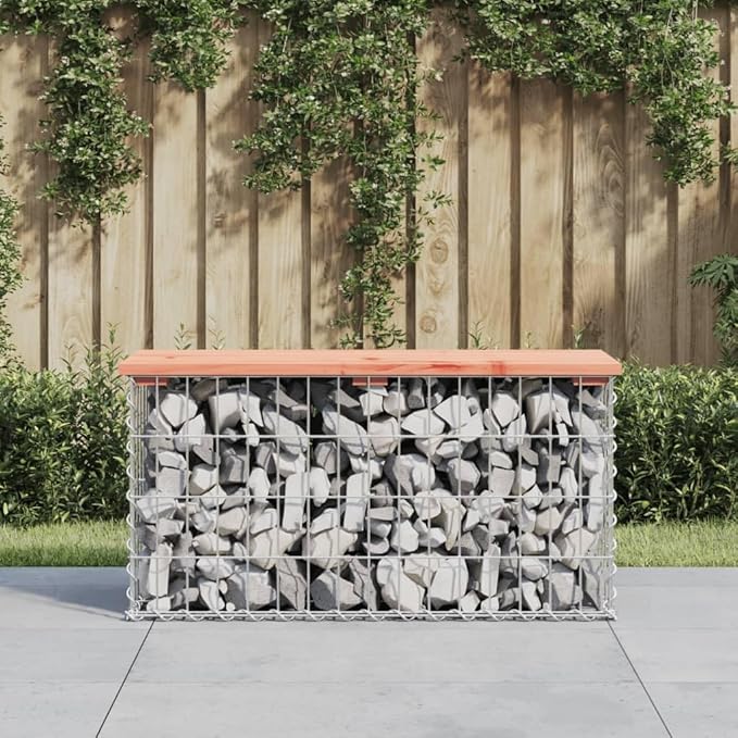Douglas Fir Wood Garden Bench with Gabion Base, Outdoor Patio Seating for Two Adults, Durable and Rustic Design, Easy Assembly, Compact Furniture for Balcony or Garden