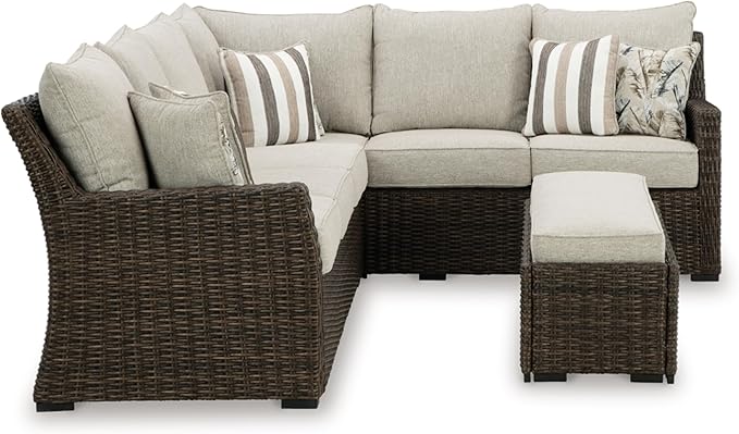 Signature Design by Ashley Brook Ranch Outdoor Sectional, All‑Weather Resin Wicker Patio Furniture With High‑Performance Cushions, Durable Aluminum Frame, Neutral