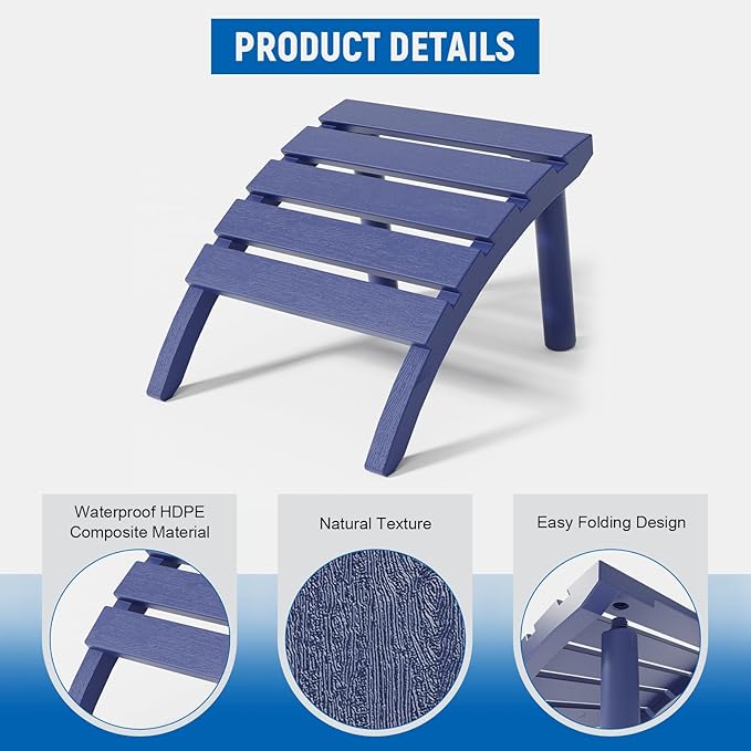 FONTOI Adirondack Ottoman, HDPE Plastic Adirondack Chair Footstool, All Weather Outdoor Footrest for Patio, Backyard, Lawn, Fire Pits, Navy Blue
