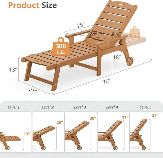 LUE BONA Outdoor Chaise Lounge, HDPS Chaise Lounger, 5 Positions Adjustable Lounge Chairs, Pool Lounge Chair with Wheels for Poolside, Backyard, Teak Color
