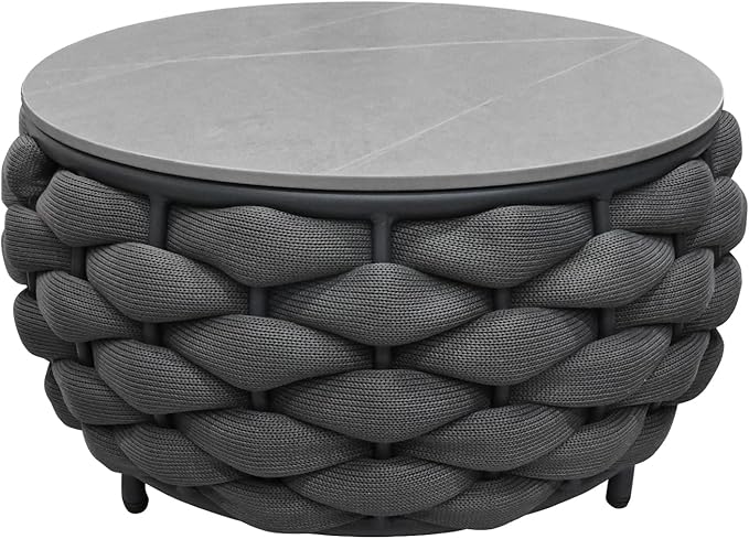 TWT Outdoor Coffee Table Round Centerpiece Table, Lightweight Accent Table with Hand Woven Rope Decor for Garden and Patio(Polyester Rope, Dark Grey)