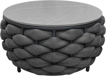 TWT Outdoor Coffee Table Round Centerpiece Table, Lightweight Accent Table with Hand Woven Rope Decor for Garden and Patio(Polyester Rope, Dark Grey)