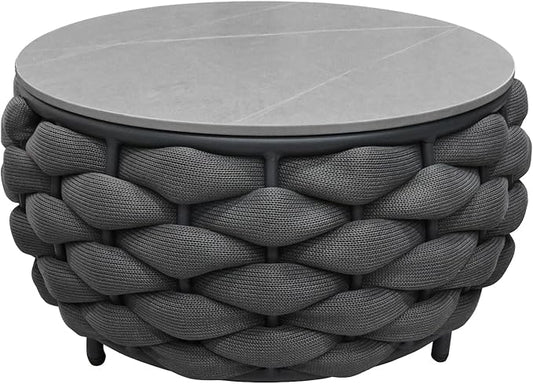TWT Outdoor Coffee Table Round Centerpiece Table, Lightweight Accent Table with Hand Woven Rope Decor for Garden and Patio(Polyester Rope, Dark Grey)