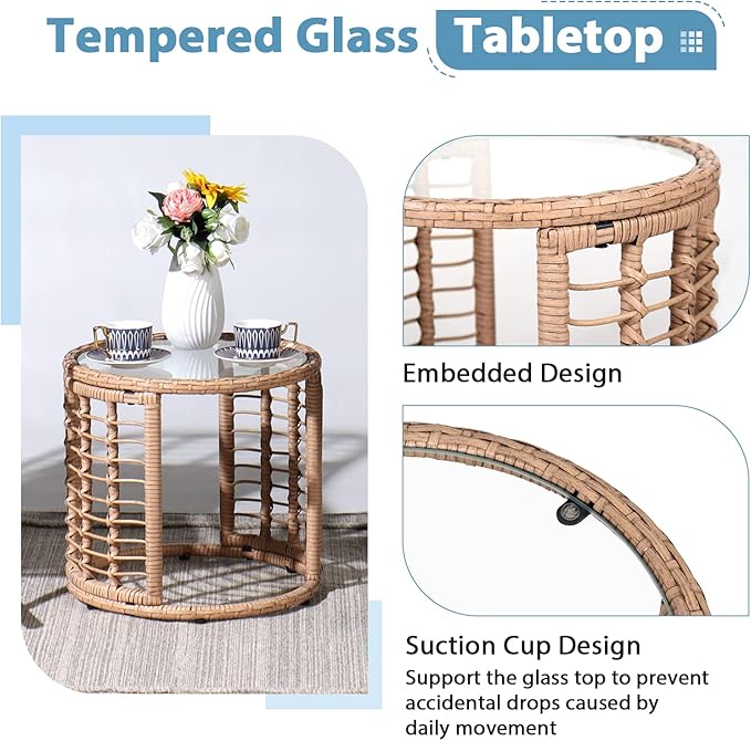 JOIVI Outdoor Wicker Side Table, All-Weather Patio Rattan End Table with Glass Top, Round Coffee Table for Indoor Outdoor Backyard Lawn Balcony Pool