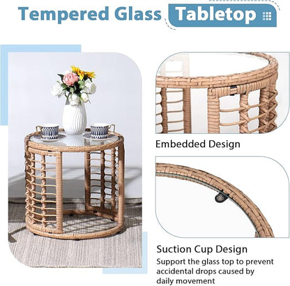 JOIVI Outdoor Wicker Side Table, All-Weather Patio Rattan End Table with Glass Top, Round Coffee Table for Indoor Outdoor Backyard Lawn Balcony Pool
