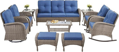 10-Piece Patio Furniture Set-Patio Rocking Chairs Set of 4 Outdoor Rattan Sofa Sets with Coffee Table Outdoor Patio Furniture Sets for Deck Porch Garden Balcony Poolside-Grey/Blue