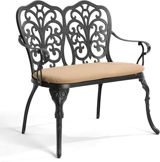 Outdoor Bench with Cushion, Cast Aluminum Double Seating with Backrest and Armrests, Mental Outdoor Furniture for Patio, Porch, Garden, Park, Black Butterfly