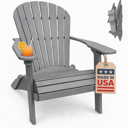 Ecommersify Folding Adirondack Chair with Cup Holder - (Dark Gray) - Heavy Duty Recycled Poly Lumber Folding Chair - Amish Crafted Outdoor Furniture - Made in USA