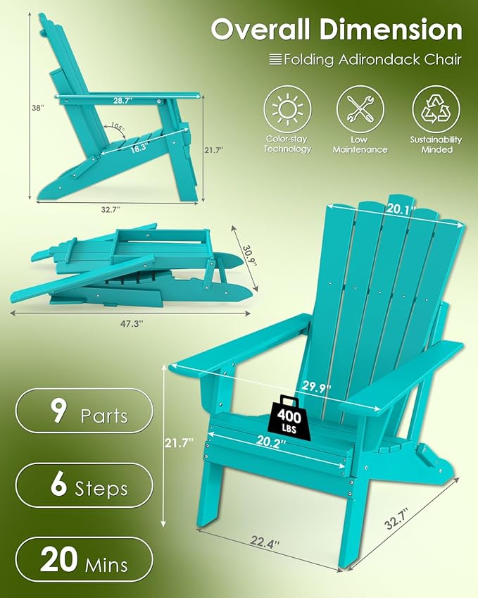 GREENVINES Folding-Adirondack-Chairs-Set-of-2 | HDPE Plastic | Throne Series | Fire Pit Chair | All Weather | for Outdoor Patio Deck Backyard Poolside | Aqua