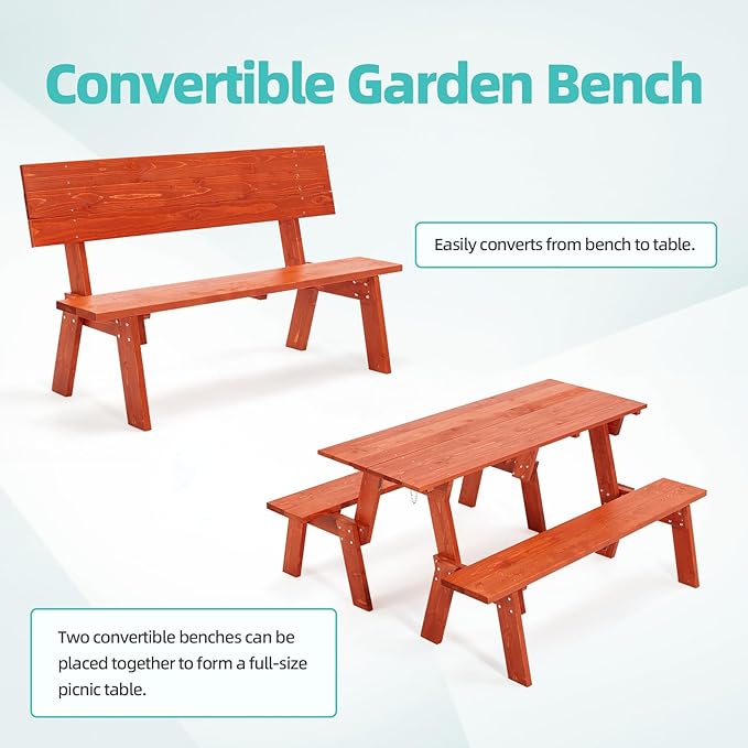 AVAWING 2 Piece Outdoor Convertible Bench, 2-in-1 Transforming Picnic Table Set, Wooden Garden Bench for Backyard, Porch, Patio, Tangerine