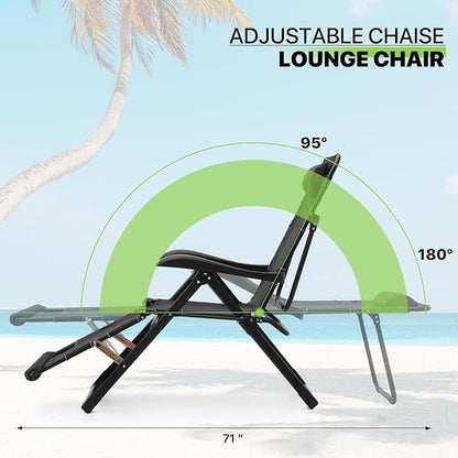 Magshion Lounge Chair Folding Patio Recliner, Outdoor Adjustable Dining Reclining Chairs with Adjustable Headrest & Foot Rest Cushion for Deck Patio Beach Yard, 330lbs Weight Capacity, Black